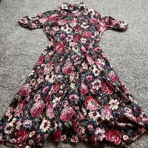 vintage dress S L Petites Midi Dress‎ Womens M Floral Print Short Sleeve